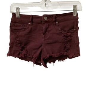PacSun BULLHEAD Denim Co Women’s Burgundy Distressed Jean Shorts Pockets Stretch